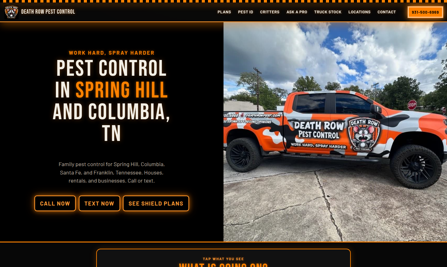 Homepage screenshot of Death Row Pest Control website built by Porch Light Desk