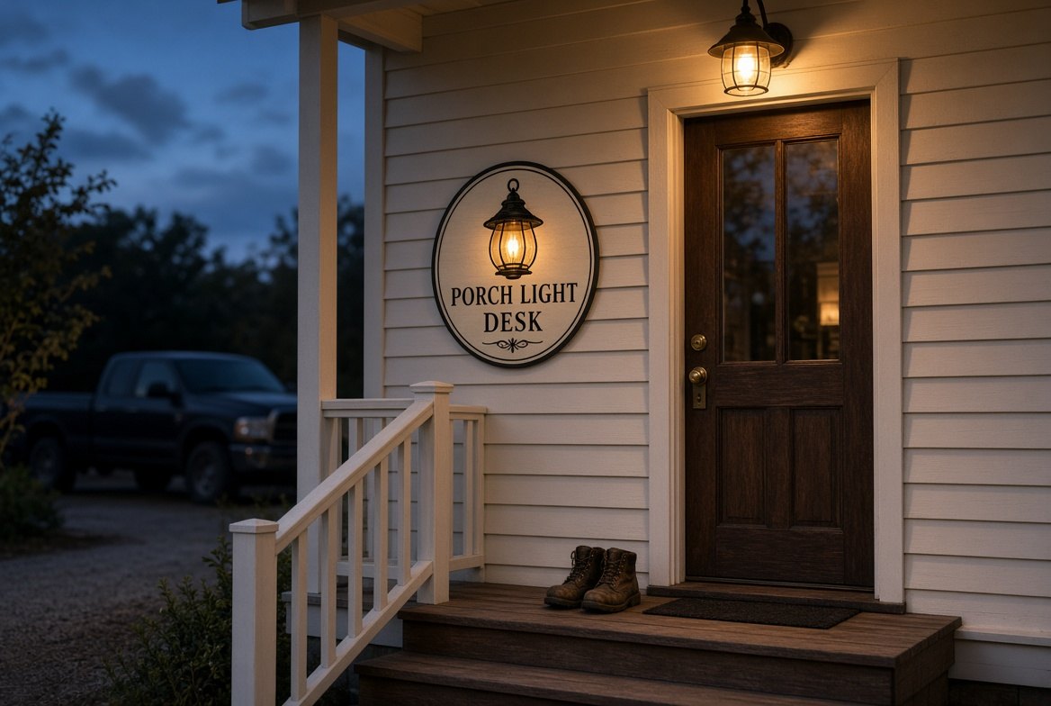 Porch Light Desk — porch light on at the studio door