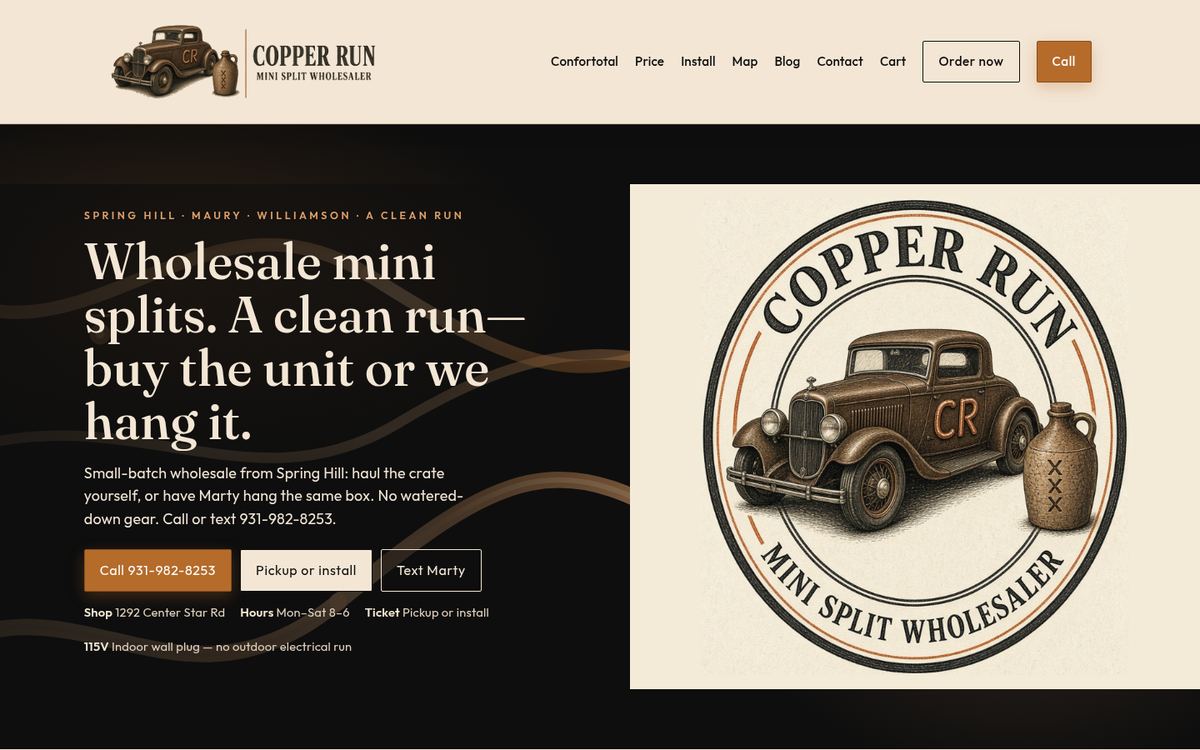 Copper Run Mini Split Wholesaler live homepage, desktop first screen