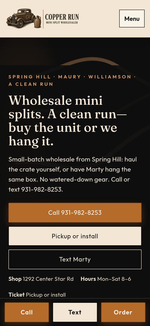 Copper Run Mini Split Wholesaler live homepage, phone first screen with call button