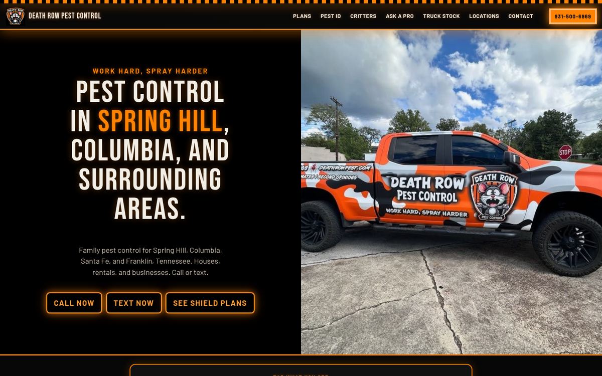 Death Row Pest Control live homepage, desktop first screen