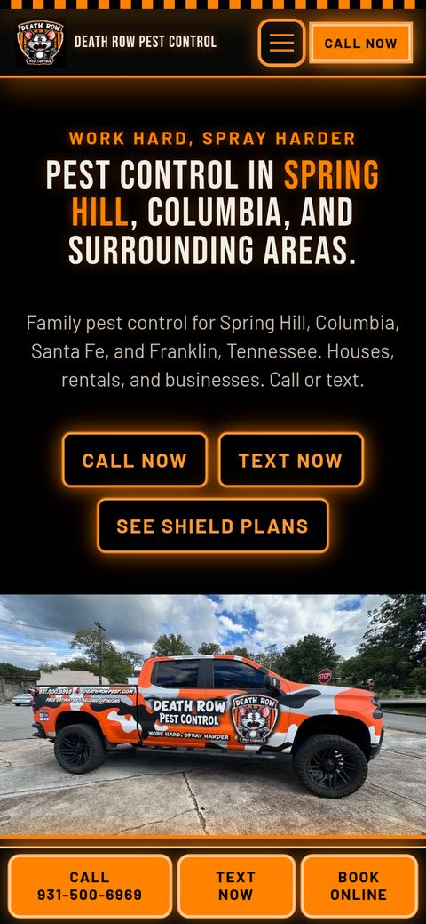 Death Row Pest Control live homepage, phone first screen with call button