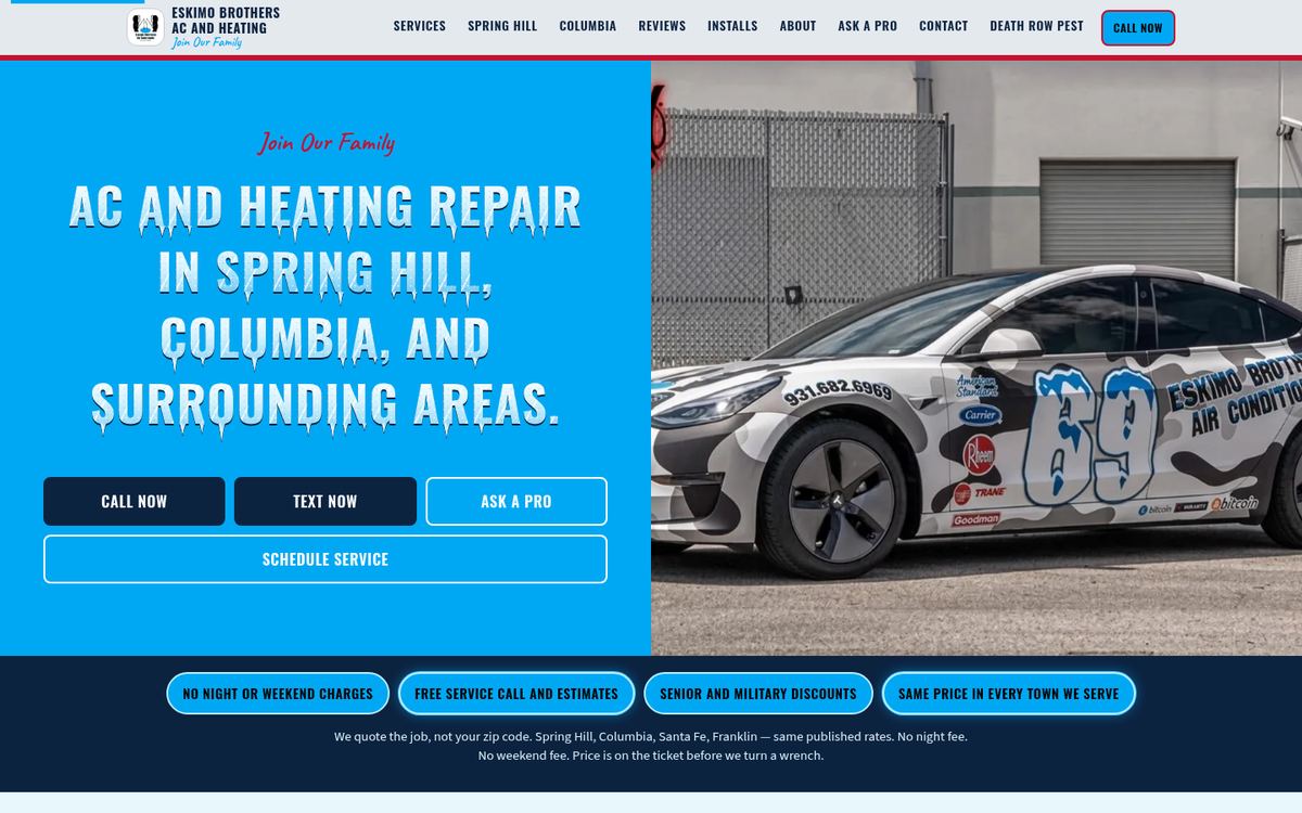 Eskimo Brothers Air Conditioning live homepage, desktop first screen