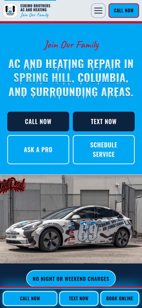 Eskimo Brothers Air Conditioning live homepage, phone first screen with call button