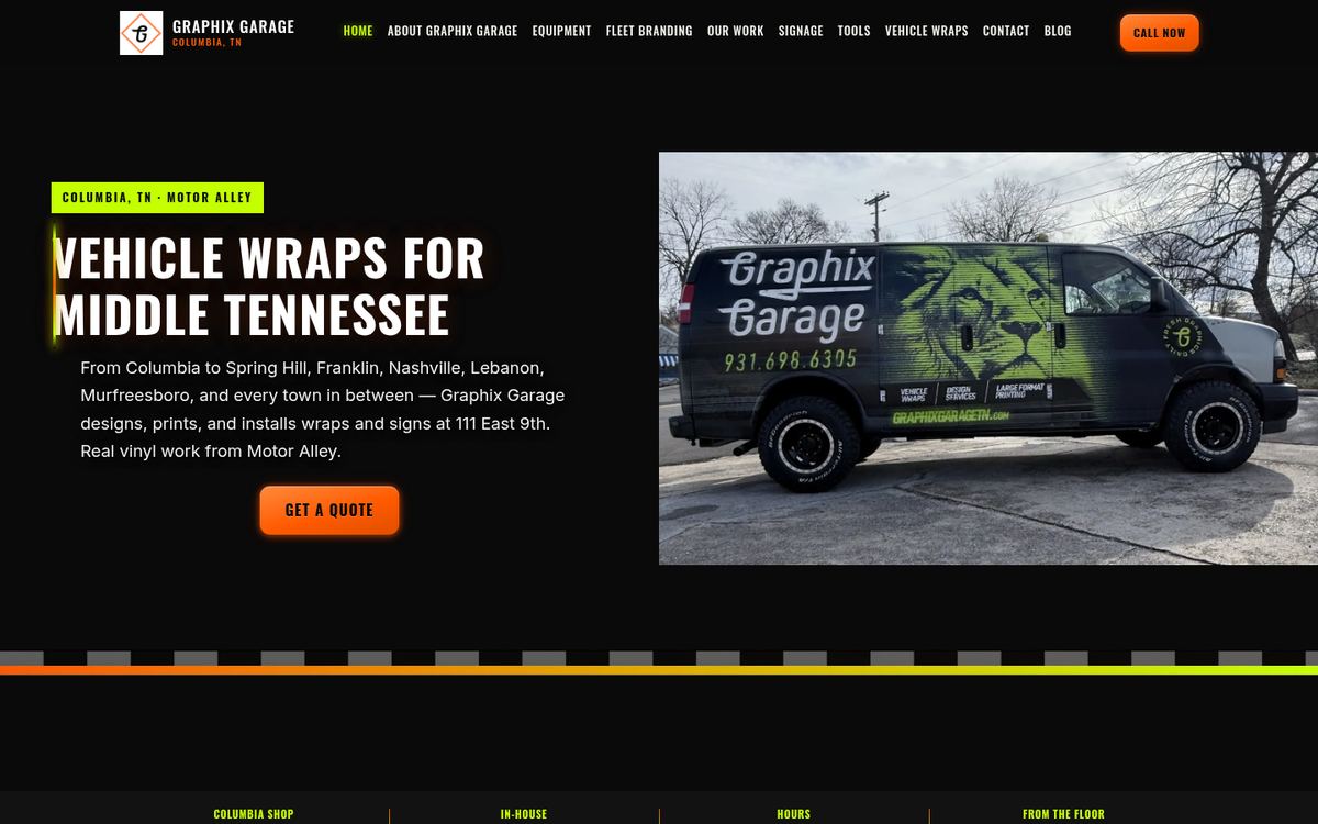 Graphix Garage live homepage, desktop first screen