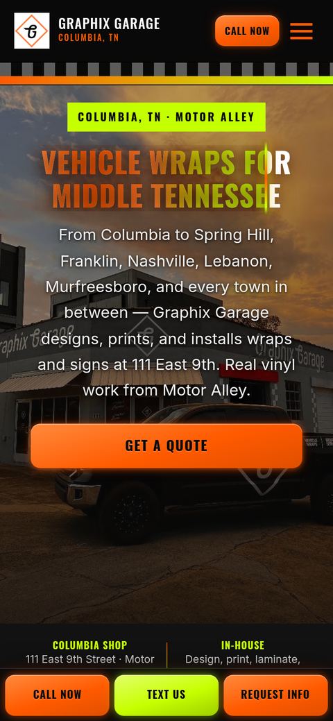 Graphix Garage live homepage, phone first screen with call button