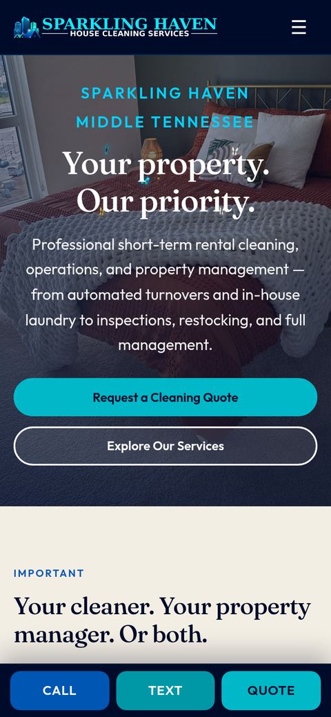 Sparkling Haven Housekeeping Services live homepage, phone first screen with call button