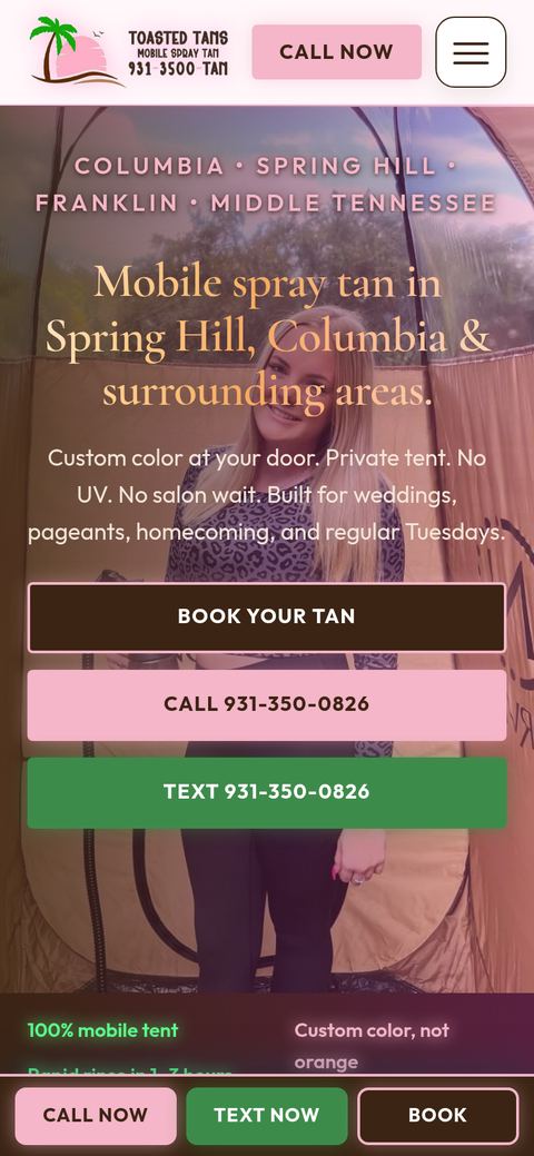 Toasted Tans live homepage, phone first screen with call button